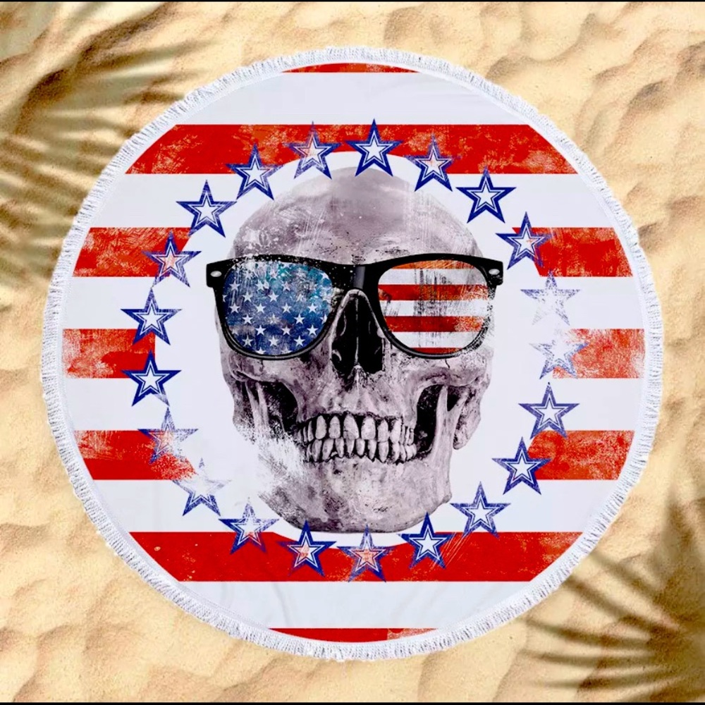 NEW Large Round Skull American Tassel Beach Towel